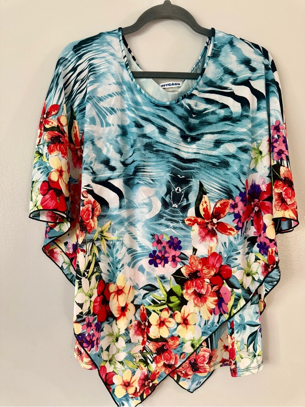 Nygård Floral & Animal Print Asymmetrical Capelet Top - Size M